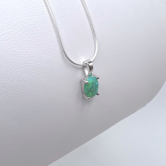 Sterling Silver Green Lab Oval Opal Necklace - Picture 13 of 17